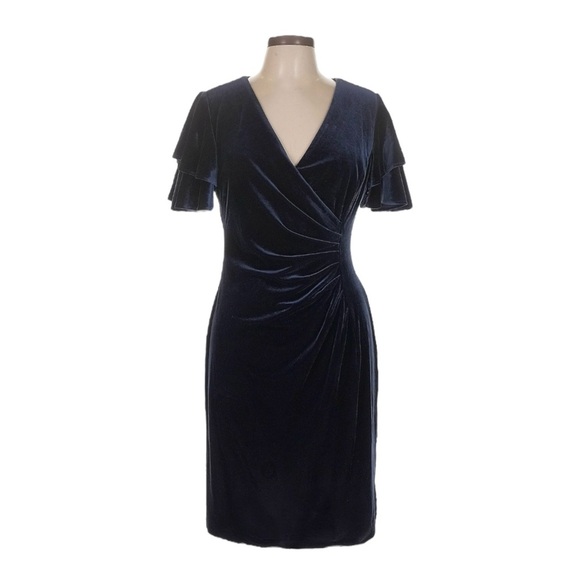 DKNY Velvet Sheath Dress NWT 10 Navy Tiered Flutter Sleeve Ruched Holiday Party - Picture 1 of 10